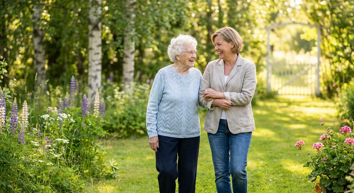Ikäihminen ja läheinen kävelevät yhdessä vehreässä puutarhassa